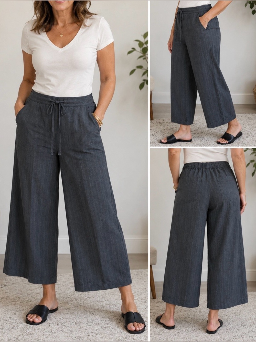 Wide-Leg Drawstring Crop Pants — Charcoal